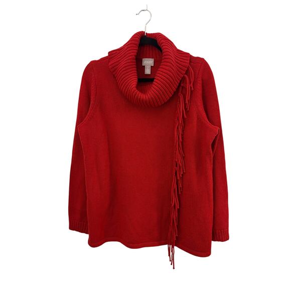 Chicos Red Sweater Cowl Neck Fringe Detail Long Sleeve Cotton Blend Christmas L - Picture 8 of 8